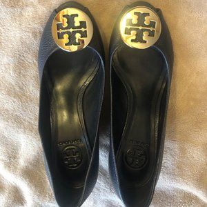 Tory Burch Peep Open Toe Black Leather Wedge Pumps